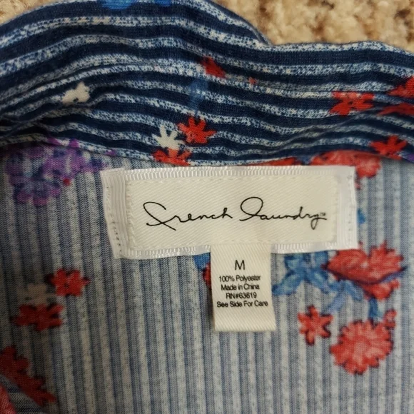 French Laundry Womens Size M Blue Floral Striped Button Front Blouse Long Sleeve - Picture 10 of 14